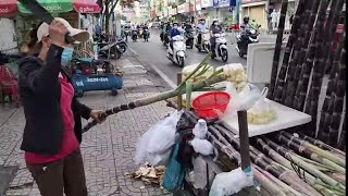 Hard working women selling fresh sugarcane pieces