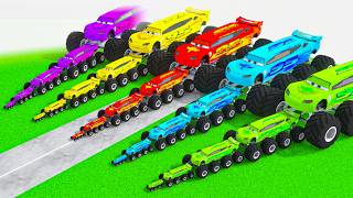 Big & Small MCQUEEN BTR: Red vs Yellow vs Purple vs Green vs Blue vs Train in Teardown!