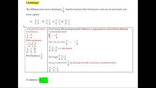 Challenger difference between two fractions Find first fraction sum of one-fourths, three- eighths