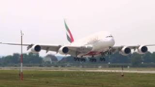 Emirates Airbus A380 A6-EEZ (F-WWAU) landing at Finkenwerder 29.07.14