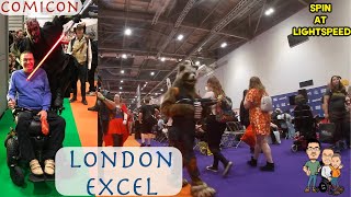 London MCM Comic con - street walk from a wheelchair perspective through a Cosplay event