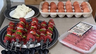 irl cooking beef souvlaki,beef chipolatas,halloumi cheese and eggs! #shorts #food #viral