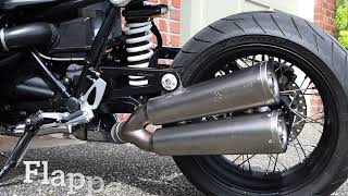 BMW R NineT stock vs. without flapper vs. No muffler.