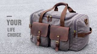 Canvas Duffle Bag Oversized Genuine Leather Weekend Bags -- Woosir