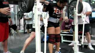 Rowena Lopez squatting 315 at 123 pounds