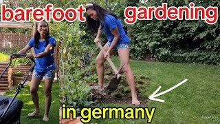 barefoot gardening in our yard in germany / lawn mowing / harvesting / garden extension