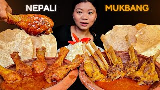 Eating Spicy Mutton Ribs Curry & Chicken Leg Piece With Lots of Puri & Rice, Mukbang, Eating Show