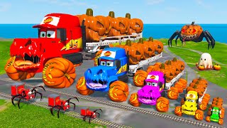 Big & Small Long Mack Truck vs PUMPKIN Wheels  vs Trains Thomas in BeamNG.drive (HALLOWEEN SPECIAL)