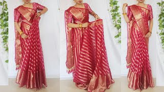 Simple traditional look in linen tisshu saree/How to drape Organza silk saree/orgenza Saree Draping