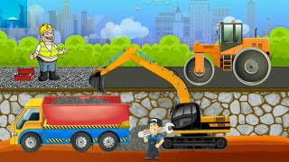 Excavator,Roller,Truk,membangun dan mengaspal jalan jalan raya #Youtubekids