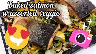 Bake salmon w assorted veggies 烤三文鱼 | Recipe | Simple Recipe | Easy to Cook | ASMR