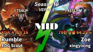 EDG Scout MID Rumble VS Zoe Replay S10 / 미드 럼블 VS 조이 관전 시즌10 - 4/2/16 Patch 10.8 KR