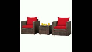 Clihome 3-Piece Wicker Patio Conversation Set Rattan Furniture Set with Red Cushions