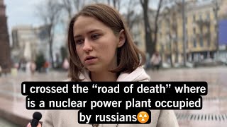 Girl who crossed the road of death where is nuclear power plant occupied by russians. Ukraine