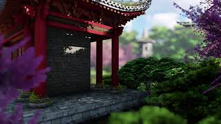 ( CGI 4k Stock Footage ) Japansese asian buddhist architecture temple zen garden 2