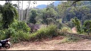 Trem rumo logística desacelerando diminuindo a velocidade sobre a ponte ferria