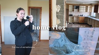 Home vlog | final tour of old bathrooms, wall is gone & our delivery is here