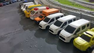 kereta api dan diecast truck, bus, mobil scale 1:87 dilayout cilebut