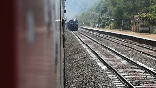 KONKAN RAILWAYS - GOODS TRAIN CROSSING DOUBLE DEKAR EXPRESS  AT SANGMESHWAR