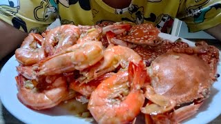 Seafood MUKBANG||BUTTER GARLIC FLOWER CRAB AND GIANT TIGER PRAWN😋😋