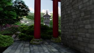 ( CGI 4k Stock Footage ) Japansese asian buddhist architecture temple zen garden 6