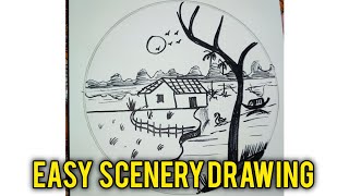 How to draw a easy scenery|How to draw a village scenery