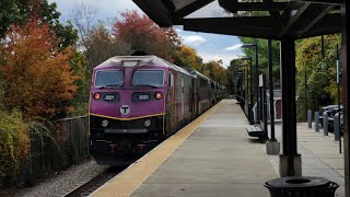 South Station bound Commuter rail train entering and departing West Hingham.