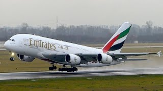 Emirates Airbus A380-800 rainy takeoff at Düsseldorf Intl. Airport