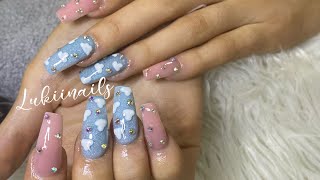 Full Set Acrylic Nails • Cute Cloud Design • Long Nails • Bling