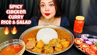 Asmr:Eating Spicy Chicken Curry🍗 With White Rice 🍚 Salad