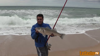 PESCA de #ROBALO #LUBINA desde playa con cana de PESCAR #SURFCASTING