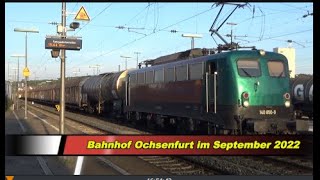 Bahnhof Ochsenfurt im September 2022 mit Henkel- und EKOL-Zug  -  AL  # 146/009/022