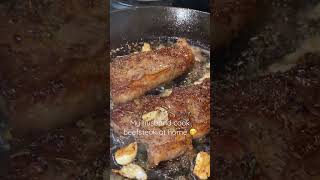 Bear cooking beefsteak using cast iron #filipinamarriedtoforeigner #castironcooking #filamcouple