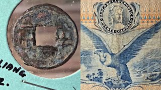 World Coins and Banknotes | Ancient Chinese Coin, Colorized Papua New Guinea, Colombia Condor Note