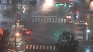 Heavy rain and wind downtown streets