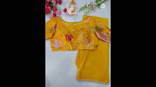 Beautiful Mustured yellow pure chinon saree paired up with nice embroidery work blouse