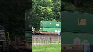 A Norfolk Southern stack train climbs Horseshoe Curve near Altoona, PA.