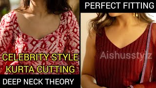 Celebrity style Deep neck kurta cutting ✅💯Perfect fitting kurta🤯😱Festival ideas for kurta😱#tailoring