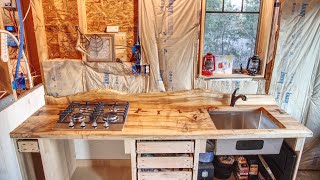 Installing a DIY Maple Countertop With Live Edge Backsplash in Our Off Grid Cabin Kitchen