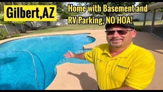 Home with Basement in Gilbert, AZ | NO HOA, 5BD, 3,200 SqFt 14,945 SqFt Lot, Pool, RV Parking