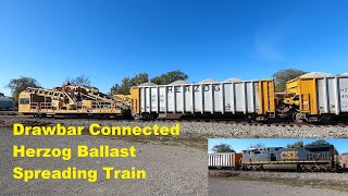 Herzog Drawbar Connected Ballast Spreading Train in Athens on CSX