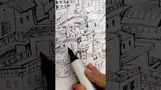 free hand sketching of a cityscape #art #sketch #shorts #youtubeshorts