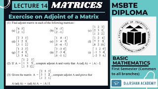 Adjoint of Matrix | Matrices  Lec 14 | MSBTE Diploma | 1st Sem | Basic Math || by Darshan Academy