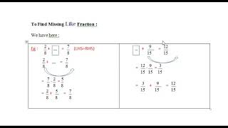 Find out Missing Like Fraction while Addition/Subtraction 5/8+2/8=7/8, 3/15+9/15+12/15