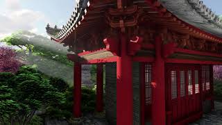 ( CGI 4k Stock Footage ) Japansese asian buddhist architecture temple zen garden 1