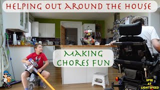 Making Cleaning Fun - Power Wheelchair User and Son do chores around the house and have a blast