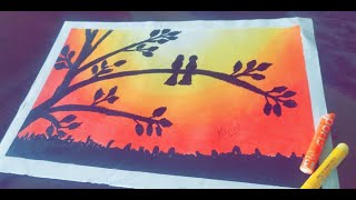 Love birds sunset scenery oil pastels drawing