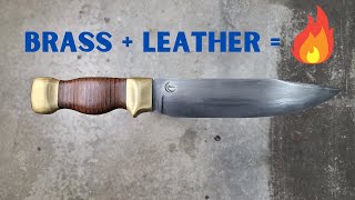 Making a leather stacked knife handle with brass guard and pommel on a 7" bowie | knife making