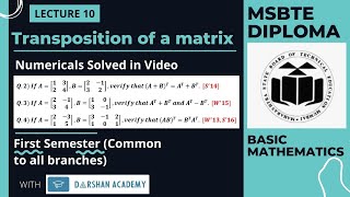 Matrices  Lec 10 (Chapter 3) || MSBTE Diploma || 1st Sem || Basic Mathematics || by Darshan Academy