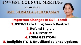 45th GST Council Meeting Tamil|Form GST ITC-04|GSTR-1 Late Fee|Refund Claim|Ineligible ITC|GST Rate